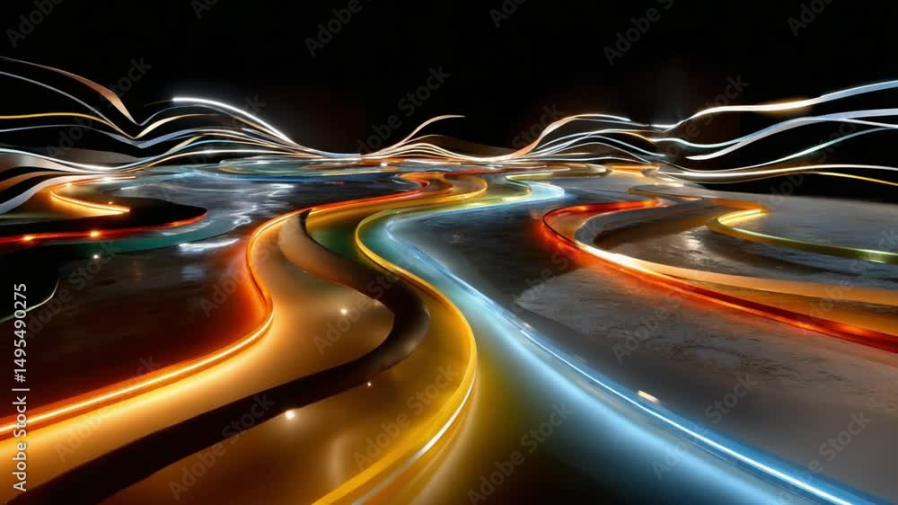 Poster abstract light trails: dynamic, vibrant light trails intertwine and flow across a dark background, c