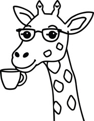 A stylish giraffe with glasses enjoys a cup of coffee in minimalist black and white