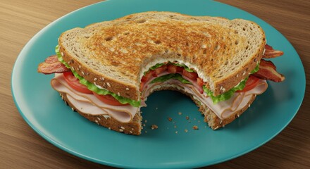 Eating a Turkey Club Sandwich with Bacon, Tomato, and Lettuce
