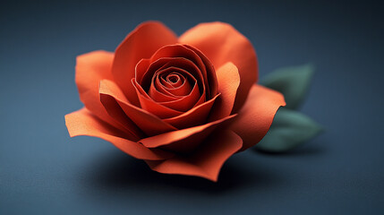 Elegant handcrafted paper rose sculpture with intricate folds and delicate texture. Minimalist artistic design with creative aesthetic. Modern composition with caption space on the side.