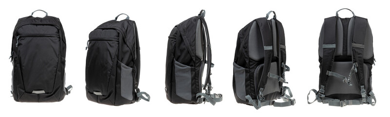 Multipurpose Black Backpack Displayed from Multiple Angles on White Background. Travel, Hiking, and School Bag