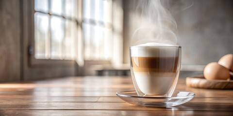 A steaming cup of layered coffee sits on a wooden table near a window, bathed in soft sunlight. The scene evokes a feeling of calm and warmth.