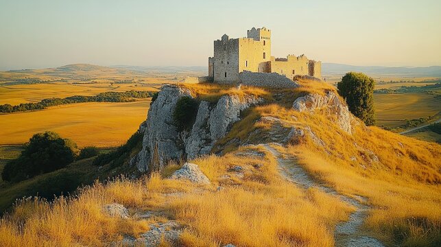 Ancient castle atop a golden hill - Powered by Adobe