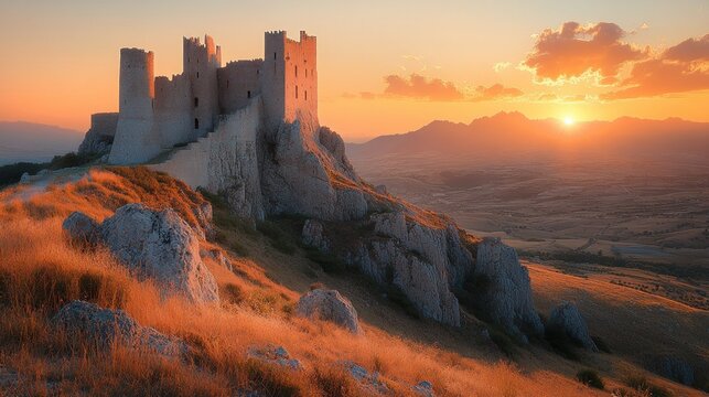 Ancient castle atop a hill at golden sunset