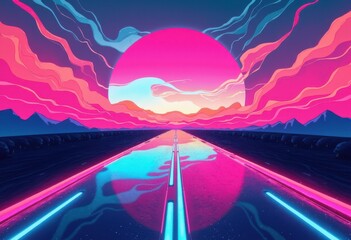 Throw pillow Vibrant digital landscape with a neon sunset and reflective road