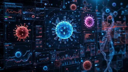 Detailed scientific dashboard featuring 3D holographic bacteria, virus particles, and DNA strands floating in separate panels - Powered by Adobe