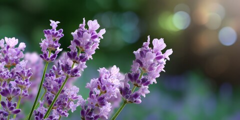 Fototapeta premium Vibrant purple lavender flowers in sunlit garden setting