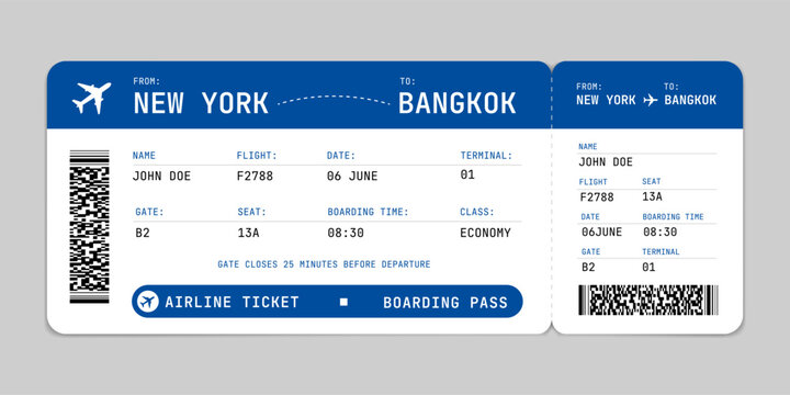 Boarding pass template. Airline boarding pass detailed travel ticket document. Blank boarding pass isolated. Vector illustration