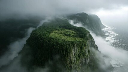 Aerial view of a lush green island shrouded in mist, dramatic coastal cliffs, and a moody overcast sky. The scene evokes a sense of mystery and serenity.