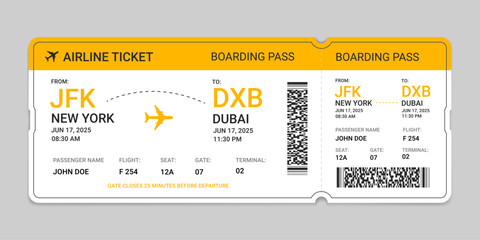 Boarding pass flight ticket template. Modern airplane boarding pass design, Yellow boarding pass ticket isolated.