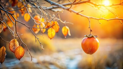 Autumnal Delight A Single Persimmon Hanging from a Bare Branch Bathed in Golden Sunlight