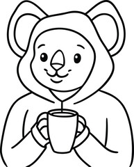 Adorable koala character in a hoodie holding a mug of coffee or tea cartoon illustration