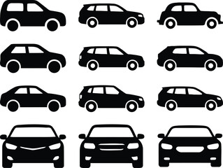 Collection of twelve black car silhouettes front, side, and rear views in vector style. Car auto vehicle transport silhouette type design.