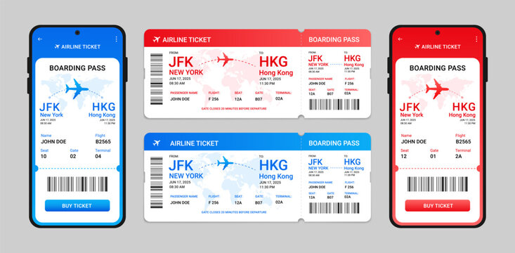 Boarding pass set. Airplane ticket online booking in the phone. Digital airline boarding pass on mobile screen. Vector illustration.