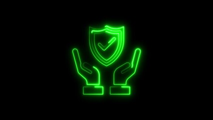 Animated neon green shield symbol with check mark supported by hands on black background
