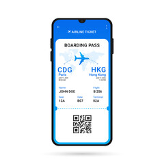 Aeroplane ticket. Digital airline boarding pass mobile app template. Flight online booking concept, Vector illustration.