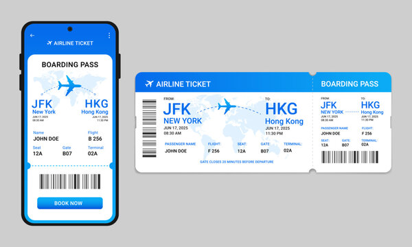 Boarding pass template. Airplane ticket online booking in the phone. Digital airline boarding pass on smartphone display. Paper ticket, travel concept.