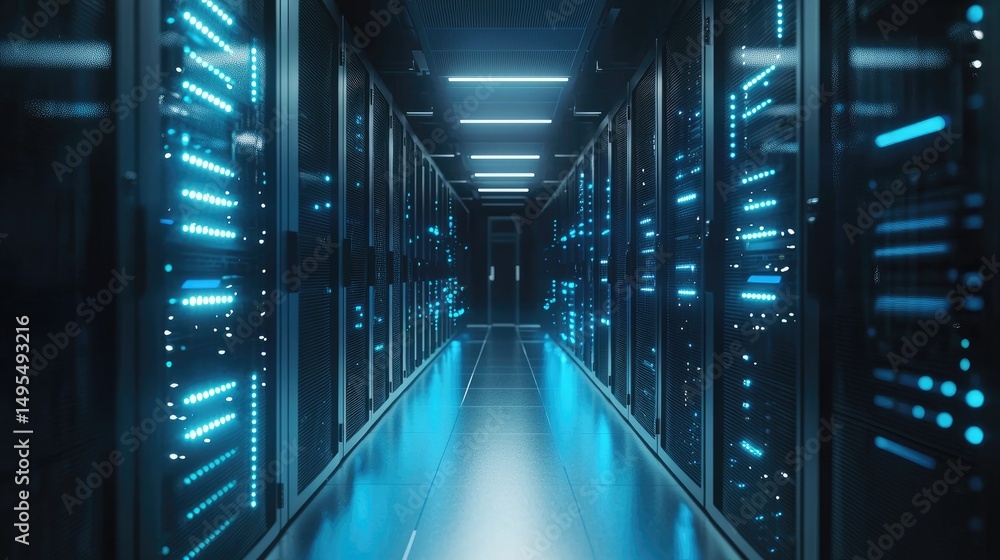 Leinwandbilder high-tech data center corridor with sleek server racks and vibrant blue lighting. ideal for cloud in