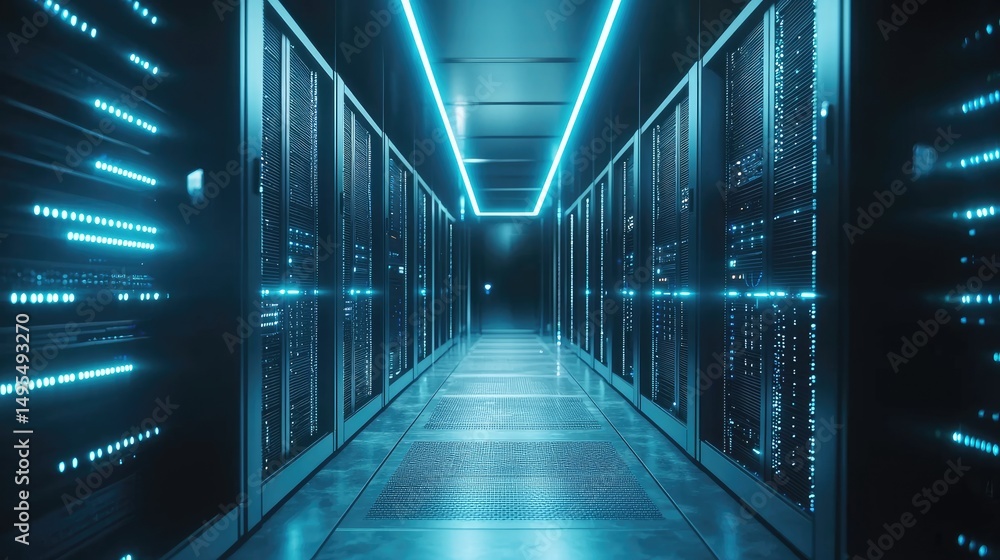 Poster Futuristic corridor in a secure data center illuminated by vivid blue lighting and sleek server racks. Ideal for tech infrastructure, AI systems, and cloud storage presentations