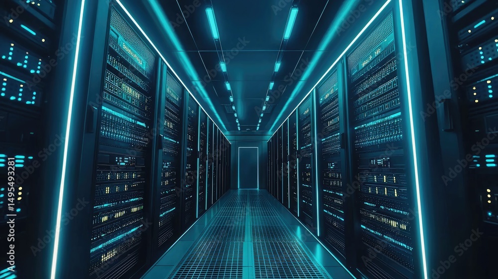 Fototapete Modern high-security data center corridor with illuminated server racks and futuristic lighting. Ideal for cloud computing, IT networks, AI storage, and digital security solutions