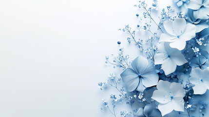 Blue and white flowers on the right side of the image, white background.