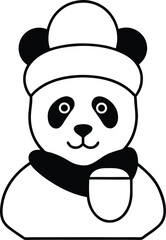 Adorable panda bear character wearing a hat and scarf holding a cup of tea