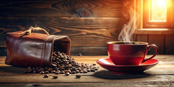 Aromatic Coffee Beans Spilling from Rustic Leather Pouch onto Wooden Surface Next to a Steaming Red Mug - Powered by Adobe