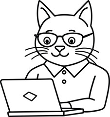 Cartoon cat wearing glasses working on a laptop vector illustration for business and technology