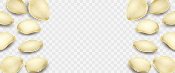 Advertising banner with vector pumpkin seeds on transparent background. Used for advertising, marketing and web design of product packaging