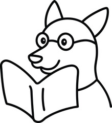 Cartoon dog wearing glasses reading a book black and white line art illustration