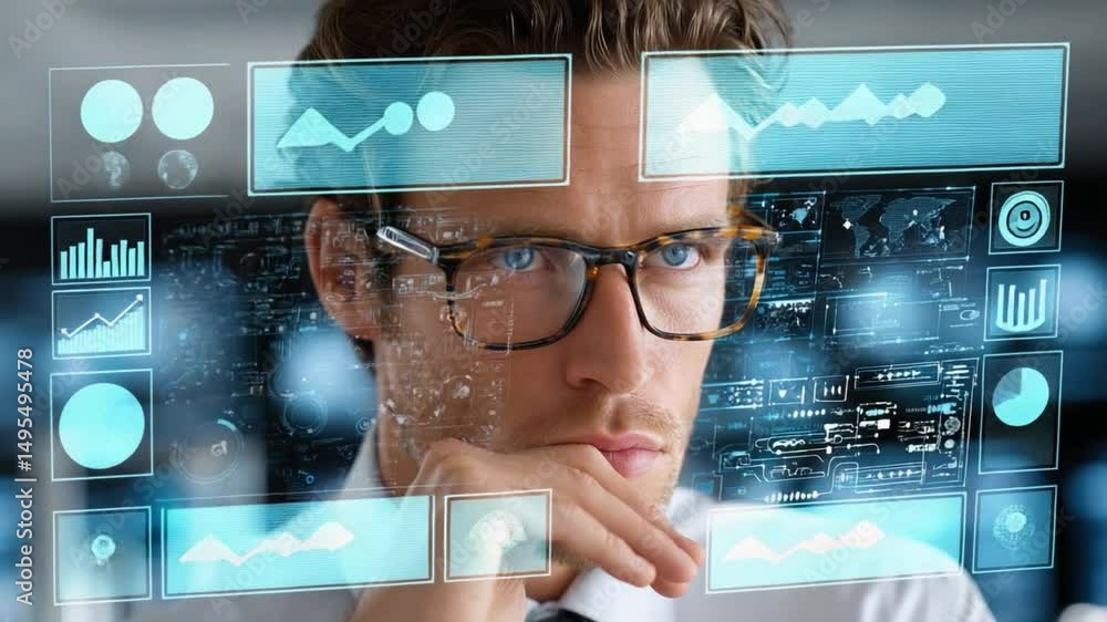 Poster data analyst contemplating insights: a focused businessman wearing glasses thoughtfully examines dat