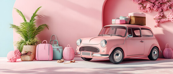 Pink car with luggage and beach accessories ready for summer vacation. Creative travel concept idea with copy space 3D Render 3D illustration
