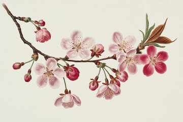Vintage Cherry Blossom Branch Botanical Illustration with Open Flowers and Buds Against Neutral Background