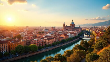 Fototapeta premium Sun-drenched Seville cityscape, orange trees & architecture, tiles, old town