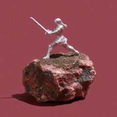 3D display figure of armored female warrior in battle pose on detailed terrain base