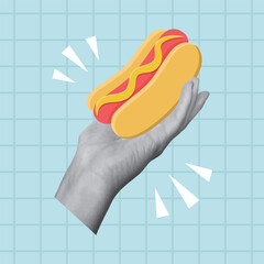Collage design with hand holding hotdog on blue background. Template for banner, poster, social media.