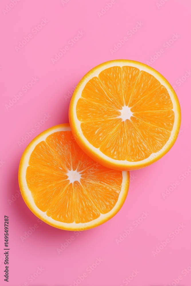 Poster sliced oranges displayed diagonally on soft pink background. bright colors create a cheerful mood in