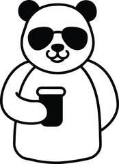 Cool panda cartoon wearing sunglasses and holding a beverage in a simple black and white illustration