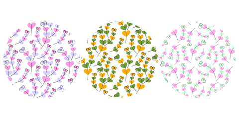 Multicolored Hand drawn heart shape twigs Seamless Patterns on Circle Backdrops in trendy shades Set