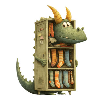 Dragon in the wardrobe: An adorable cartoon dragon peeks curiously from behind a wardrobe filled with colorful socks, embodying playful imagination and creative joy. 