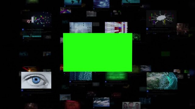 Video Wall Screens Showing People, Futuristic Animations in The Metaverse. Chroma key. All videos available in my portfolio. 
