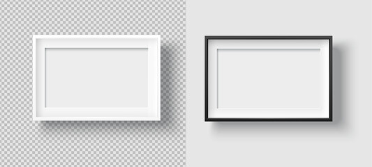 two realistic photo and picture frame templates with passeportout in black and white, landscape format, transparent background, © Mario Richard