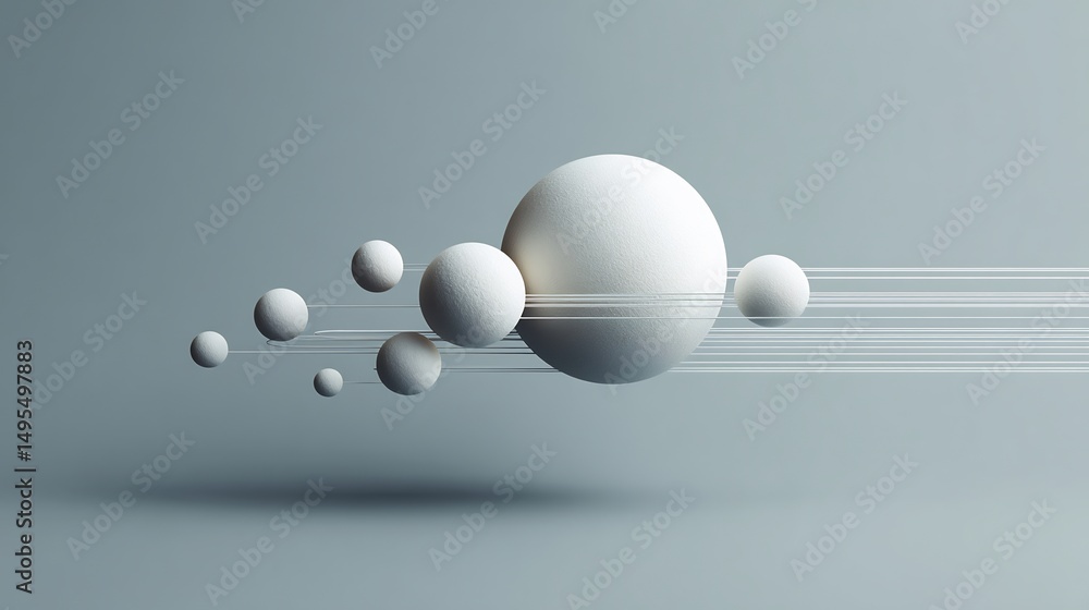 Poster minimalist 3d geometric composition with spheres and lines on a muted gray background