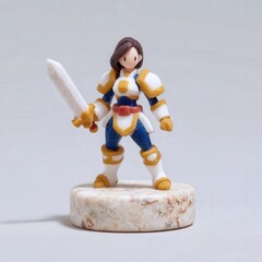 Fantasy female paladin figure in gold-trimmed armor, ornate round pedestal