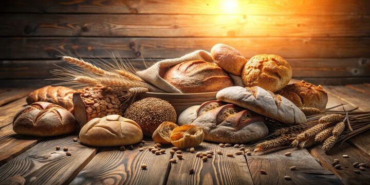 Golden Hour Bakery Display Rustic Wooden Table with an Assortment of Freshly Baked Breads and Wheat