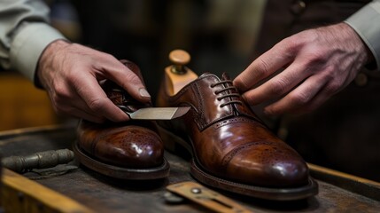 Expert shoemaker meticulously repairing leather brogues