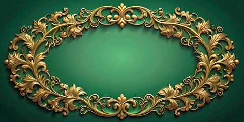 Elegant Gold Filigree Oval Frame on Emerald Green Background, Ideal for Luxurious Designs and Festive Invitations