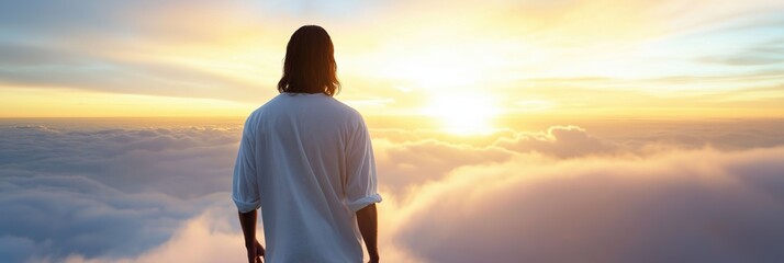 A man is standing on a cloud with a beautiful sunset in the background. The man is wearing a white shirt and he is looking up at the sky. Concept of peace and serenity