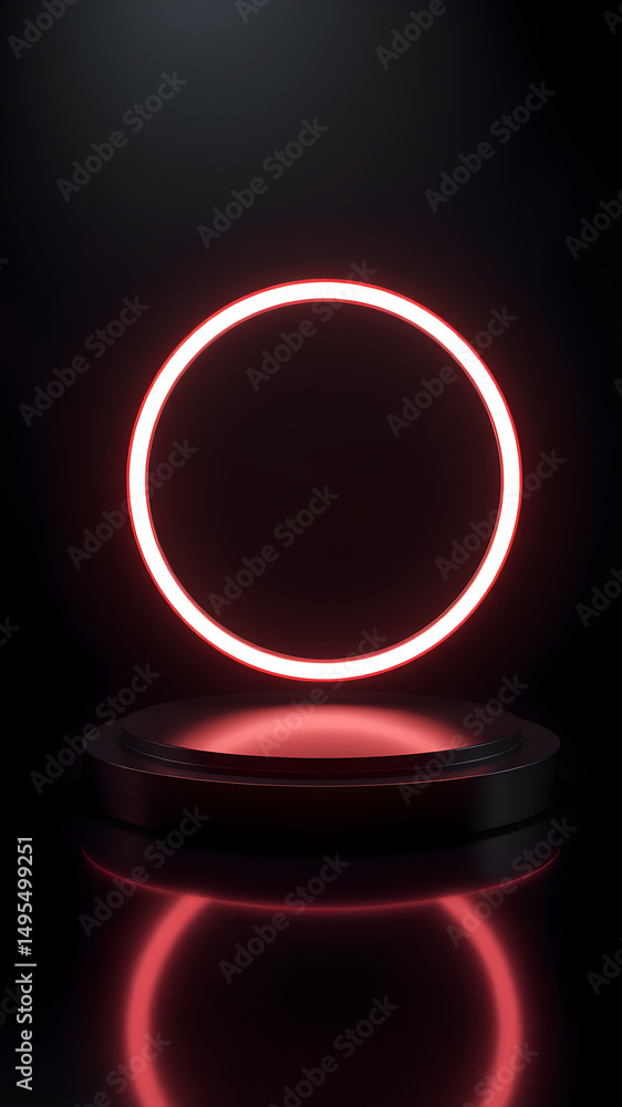 Poster Dark Abstract Background with Red Neon Circle and Platform