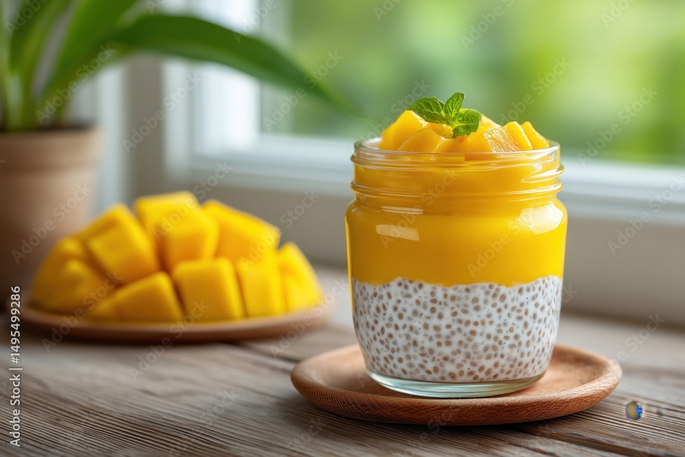 Poster chia pudding layered with vibrant mango puree in clear jar. natural light illuminates setting with f